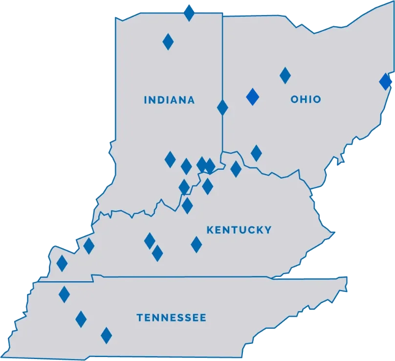 Map of Premier Banking Consultants' service area across Kentucky, Indiana, Ohio, and Tennessee